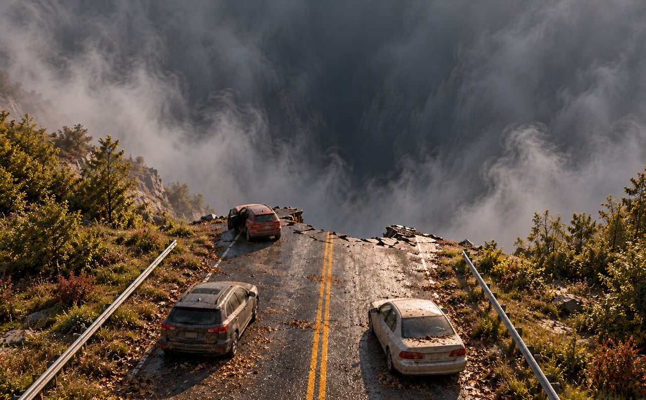 Abandoned cars on a road that ends at the edge of a vast, mist-filled abyss.