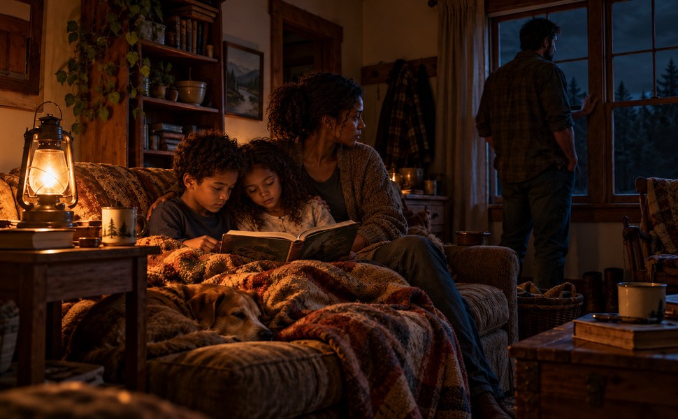 Jasper and Lia read beside Amelia while Mike keeps watch at the window.