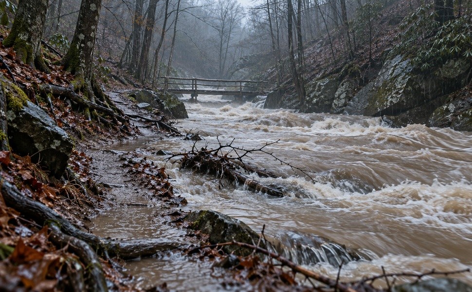 A swollen creek rushes beneath a woodland footbridge in heavy rain.