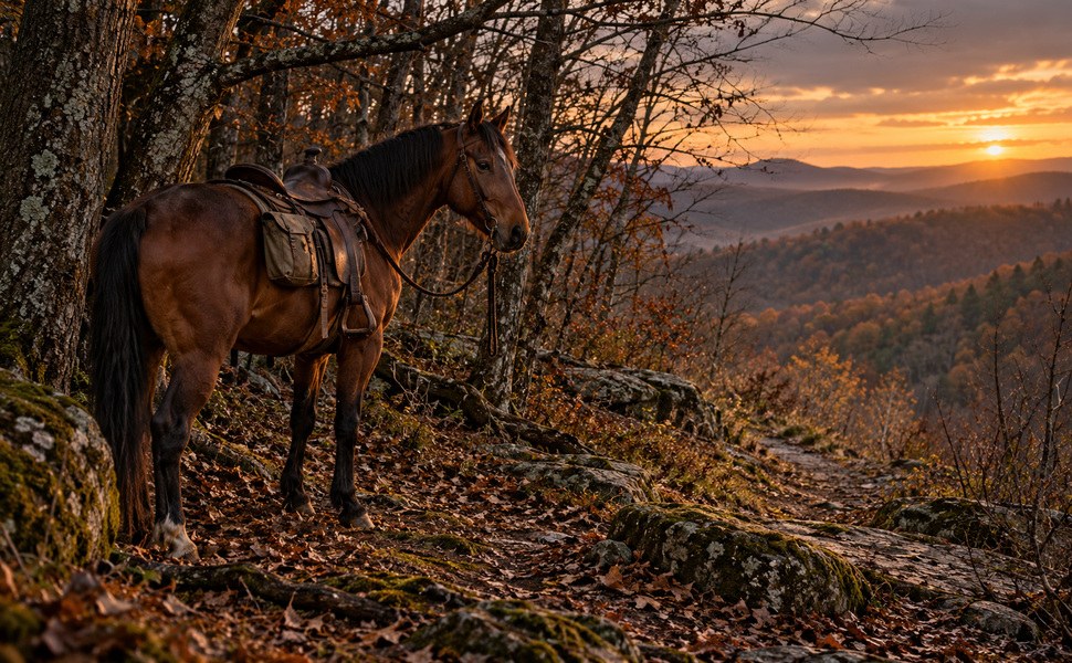 A saddled horse waits beneath the trees beside a path in the fading light.