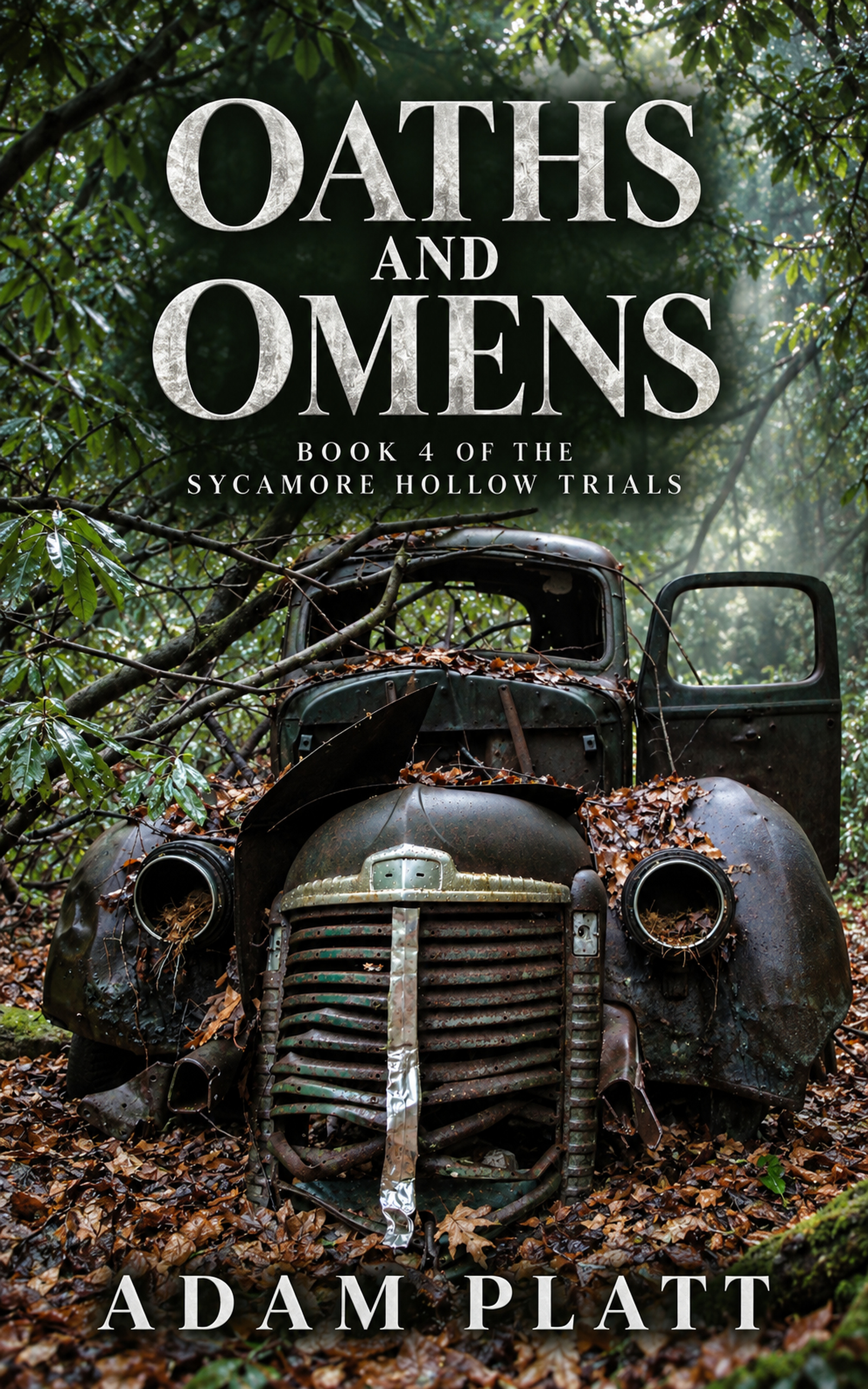 Oaths and Omens by Adam Platt, Book 4 of the Sycamore Hollow Trials. An overgrown truck with a silver grille and an open cab door stands beneath a woodland canopy.